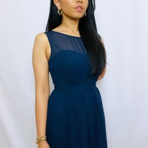 Jenny Yoo | Navy Long Sheer Neckline Chiffon Maxi Bridesmaid Evening Gown Dress